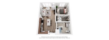 a stylized floor plan with a bedroom and a living room