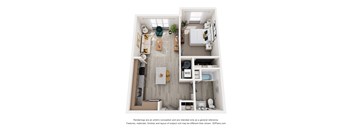 A 3D floor plan of a small apartment with a kitchen, living room, and bathroom.