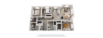 A 3D floor plan of a house with multiple rooms and furniture.