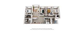 A 3D floor plan of a house with a kitchen, living room, and bathrooms.