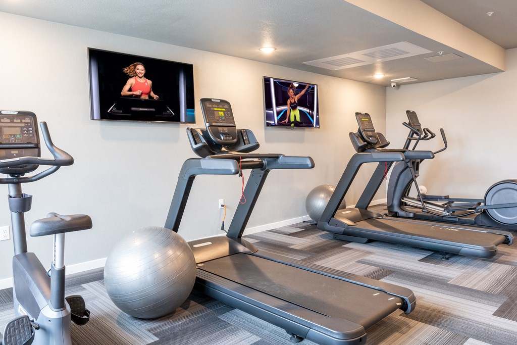 four treadmills and exercise balls in a gym with televisions on the wall at Technology Park Apartments, Rochester, MN