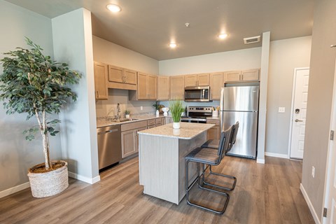 a kitchen with stainless steel appliances and a island with chairs
