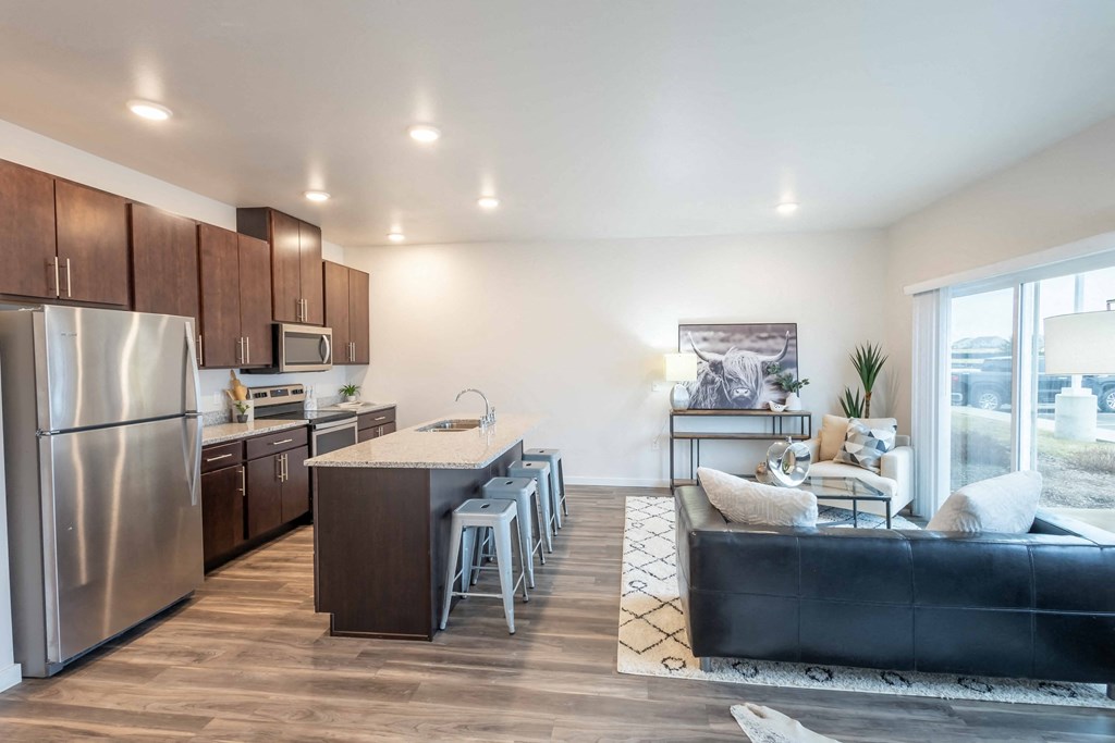 a kitchen and living room with stainless steel appliances and a large window at Technology Park Apartments, Minnesota, 55901