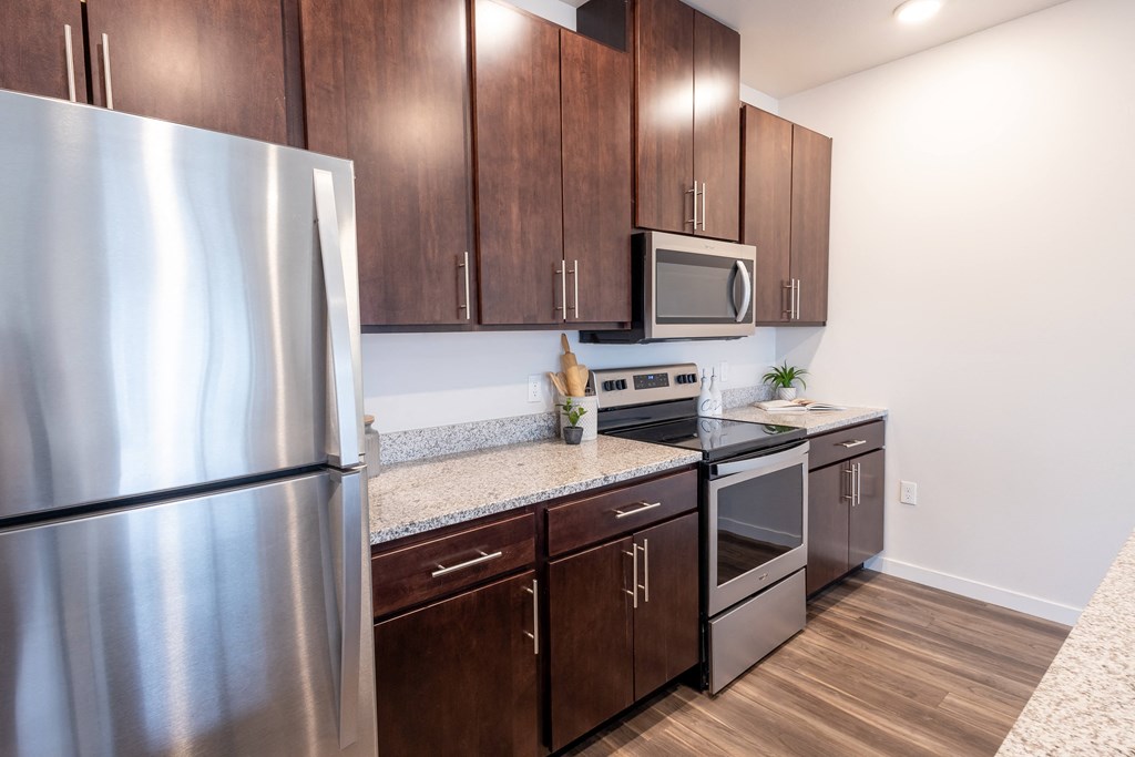 a kitchen with stainless steel appliances and wooden cabinets at Technology Park Apartments, Rochester