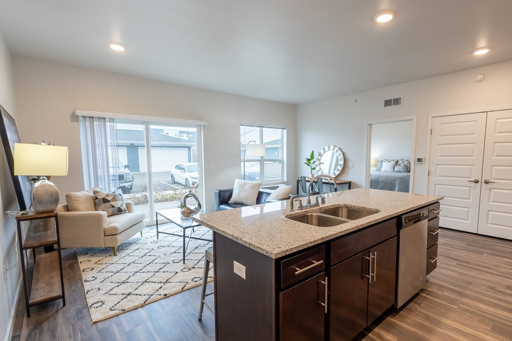an open living room and kitchen with a view of a living room with a couch at Technology Park Apartments, Rochester