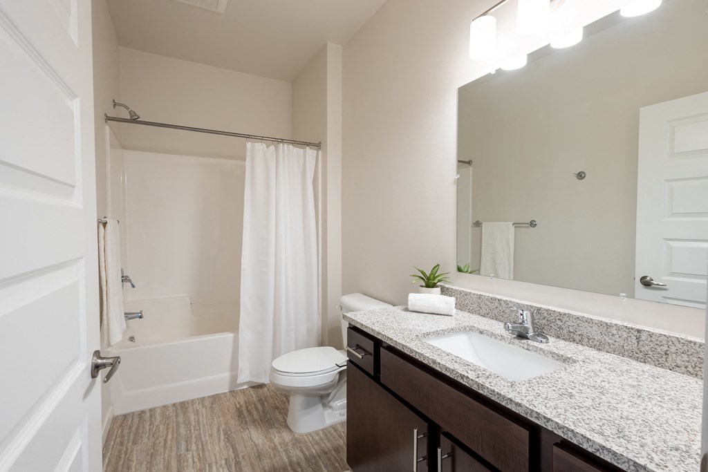 a bathroom with a sink toilet and shower and a mirror at Technology Park Apartments, Rochester, Minnesota