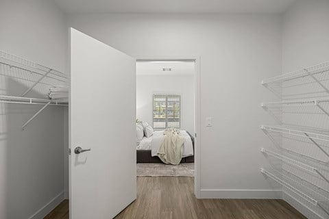 Large pass-thru closet leading from the bathroom to the bedroom