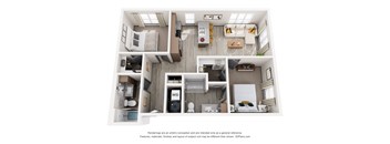 A 3D floor plan of a small apartment with a kitchen, living room, and bathroom.