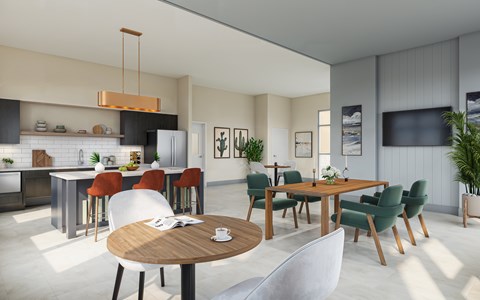 A modern kitchen with a dining table and chairs.