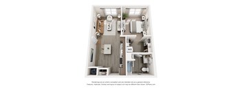 A 3D floor plan of a small apartment with a kitchen, living room, and bathroom.