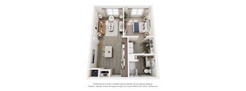 A 3D floor plan of a small apartment with two bedrooms, a living room, and a kitchen.