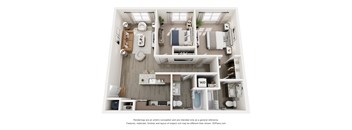 A 3D floor plan of a small apartment with a kitchen, living room, and bathroom.