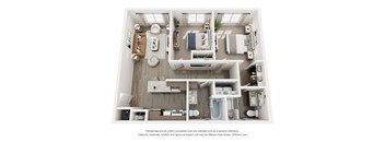 A 3D floor plan of a small apartment with a kitchen, living room, and bathroom.