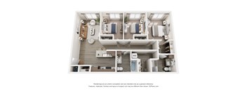 A 3D floor plan of a house with a kitchen, living room, and bedrooms.