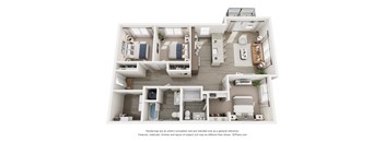 A 3D floor plan of a house with a kitchen, living room, and bathrooms.