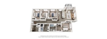 A 3D floor plan of a house with multiple rooms and furniture.