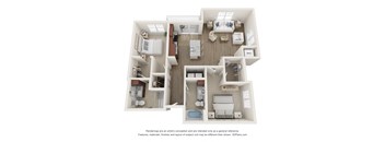 3d floor plan of a 2 bedroom apartment