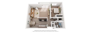 a rendering of the 1 bedroom floor plan with a bathroom and living room
