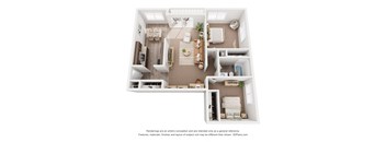 a stylized floor plan with a bedroom and a living room