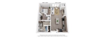 a 1 bedroom floorplan with a bedroom and a living room
