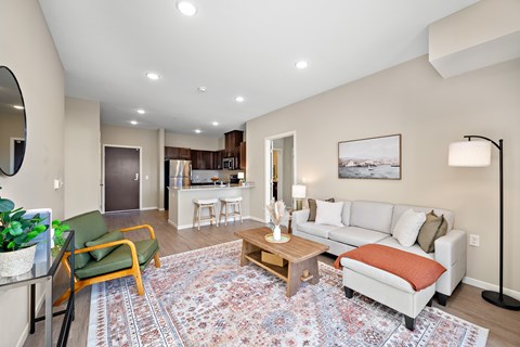 A living room with a rug on the floor and a couch with pillows.
