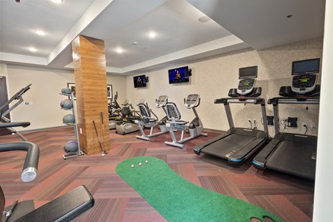 a gym with treadmills and weights and a green rug at The Winslow 62+ Apartments, Minnesota, 55118