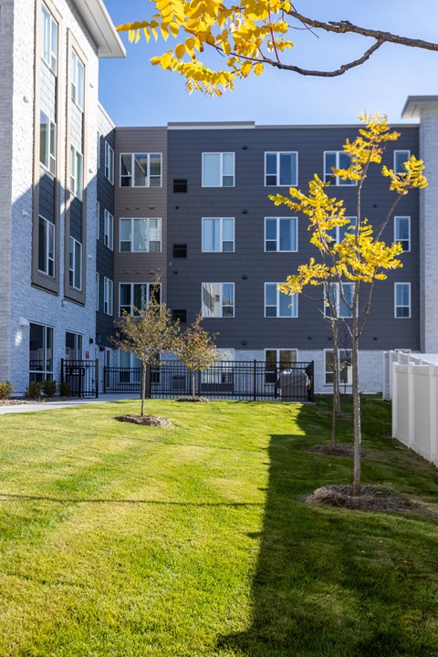 a courtyard with grass and trees in front of an apartment building