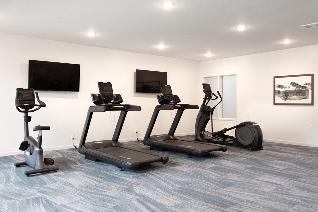a gym with cardio equipment and a tv on the wall