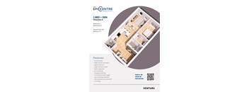 A floor plan for a 1 bedroom apartment with a den is shown along with the features of the apartment.