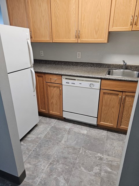 A kitchen with a white refrigerator and a white dishwasher.
