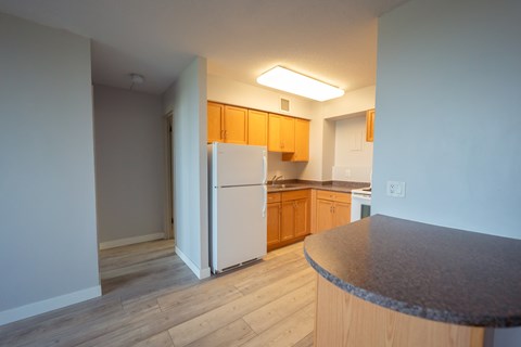 A kitchen with a white refrigerator and wooden cabinets.