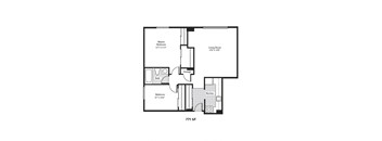 A black and white image of a floor plan for a 771 S F apartment.