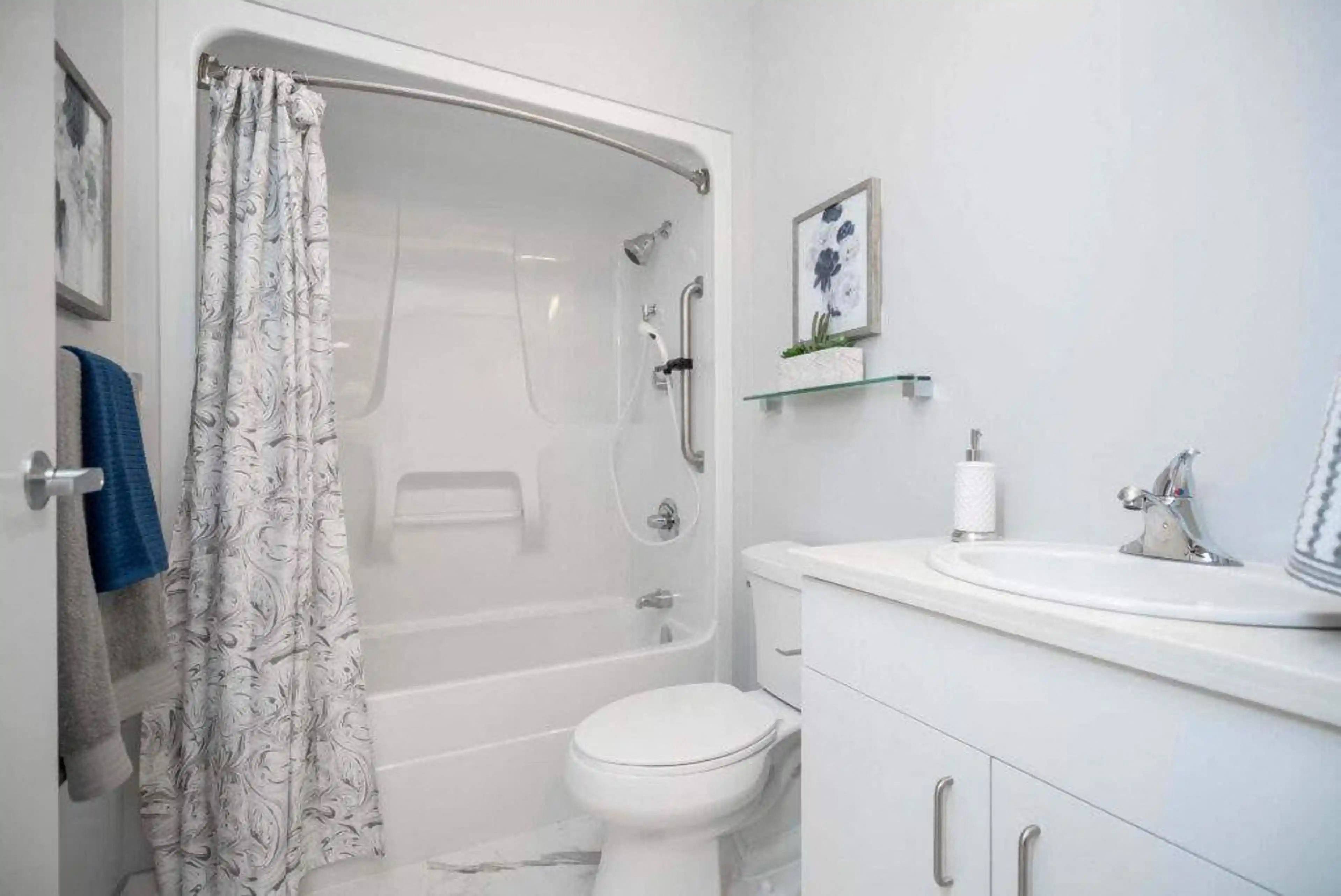 bathroom view including sink, toilet, and shower