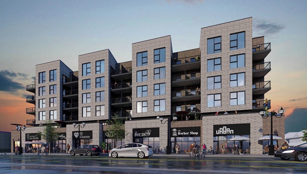 a rendering of an apartment building on a city street