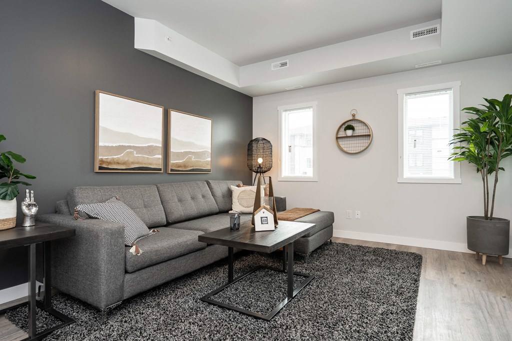 a living room with a gray couch and a coffee table