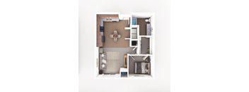 a 3d floor plan of a studio apartment with a bedroom and living room