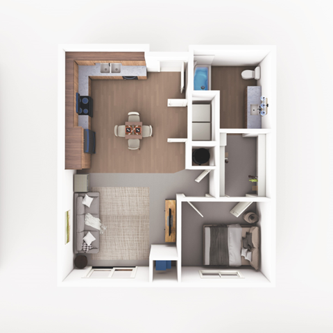 a 3d floor plan of a studio apartment with a bedroom and living room