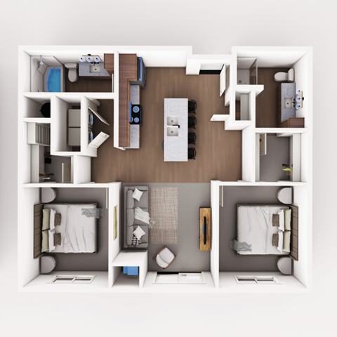 a 3d rendering of a 1 bedroom floor plan with a bathroom and living room