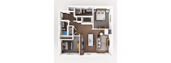 a 3d floor plan of a bedroom with a bathroom and living room