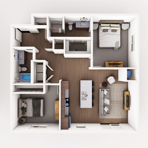 a 3d floor plan of a bedroom with a bathroom and living room