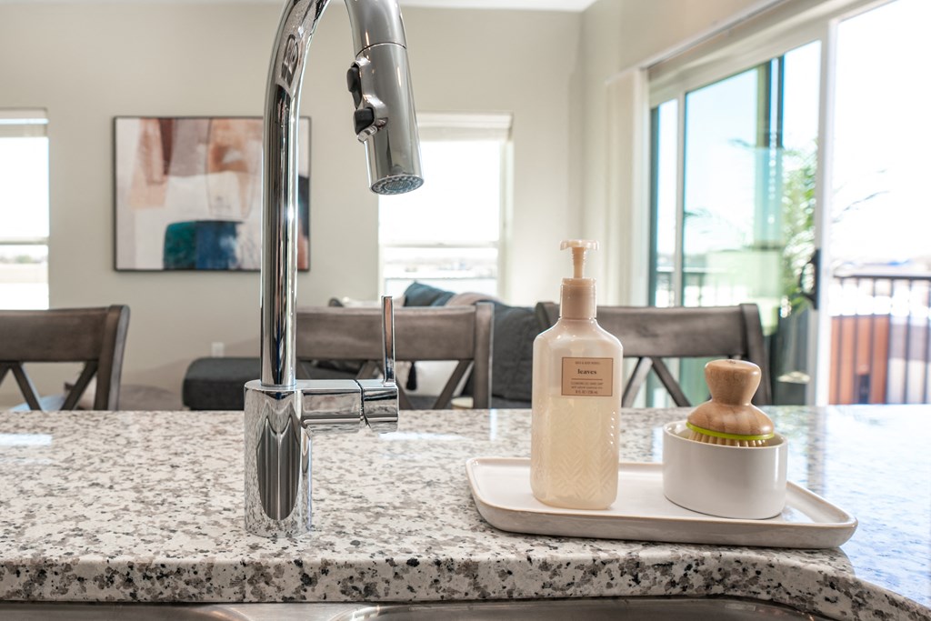 a kitchen sink with a bottle of lotion and a soap dispenser on it