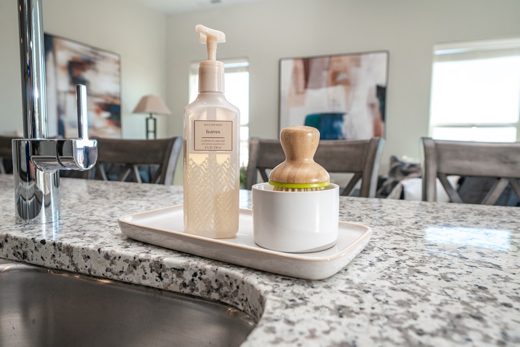 a kitchen sink with a bottle of soap and a soap dispenser on a counter