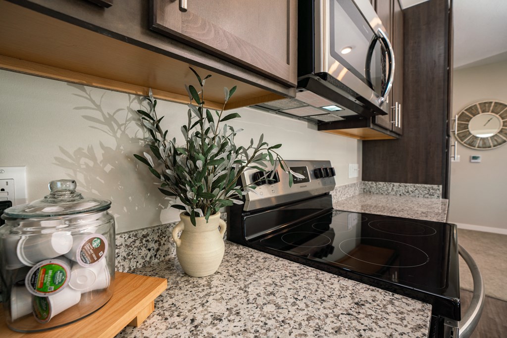 a kitchen with granite counter tops and a stove and a microwave