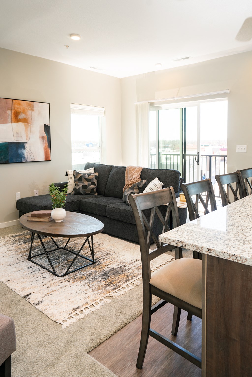 a living room with a couch and a table
