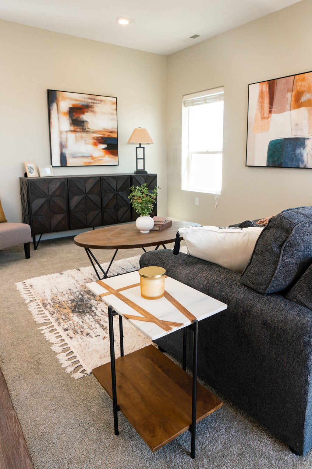 a living room with a couch and a coffee table