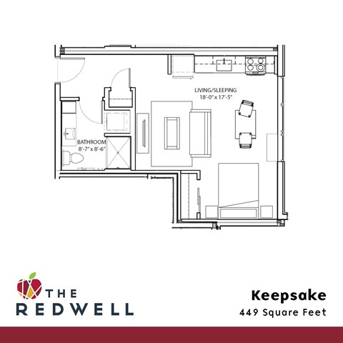 A floor plan for a 449 square feet apartment with a living/sleeping area, a bathroom, and a kitchen.