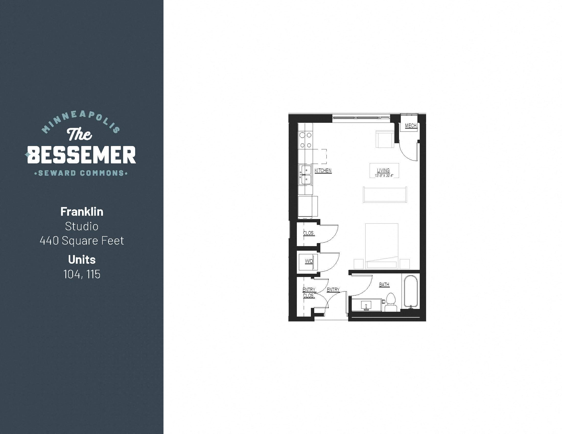Studio 440 sq.ft. at The Bessemer at Seward Commons Apartments, Minnesota, 55404
