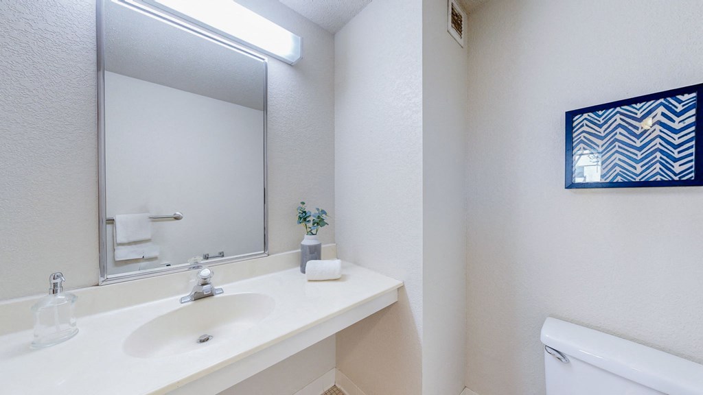 a bathroom with a mirror and a sink and a toilet at Bierman Place, Minneapolis, MN, 55414