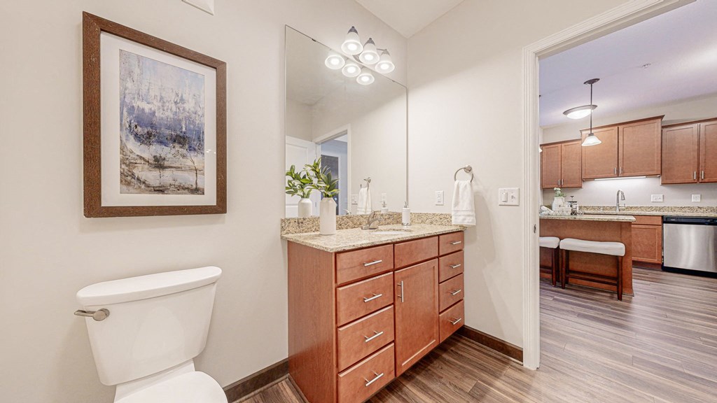 a bathroom with wooden cabinets and a toilet and a sink at Victoria Flats, Victoria