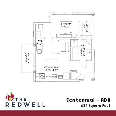 A floor plan for a home with a kitchen, living room, and two bathrooms.